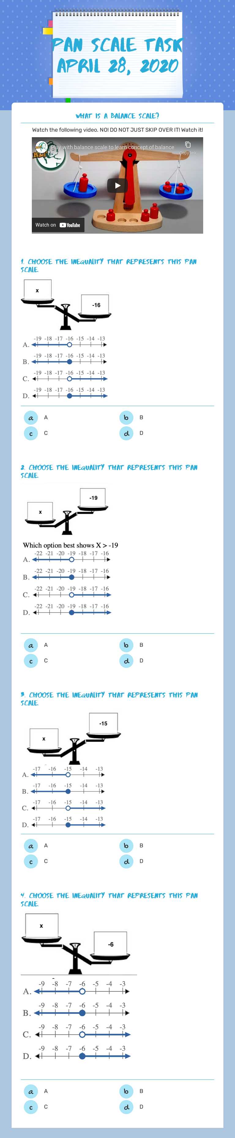 Pan Scale Task April 28, 2020 Grade 7 worksheet preview