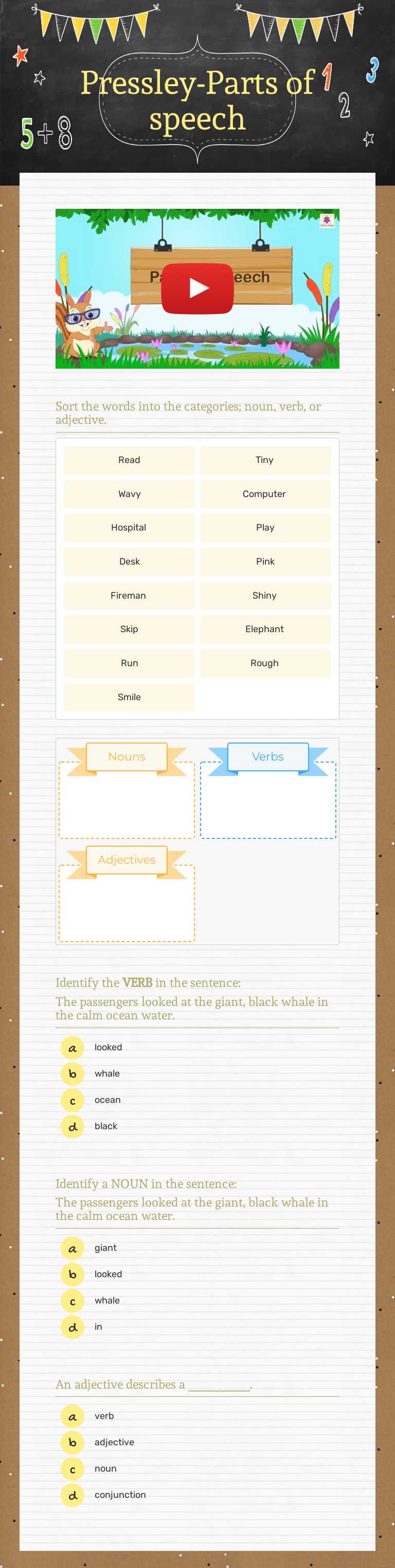 Pressley-Parts of speech worksheet preview image