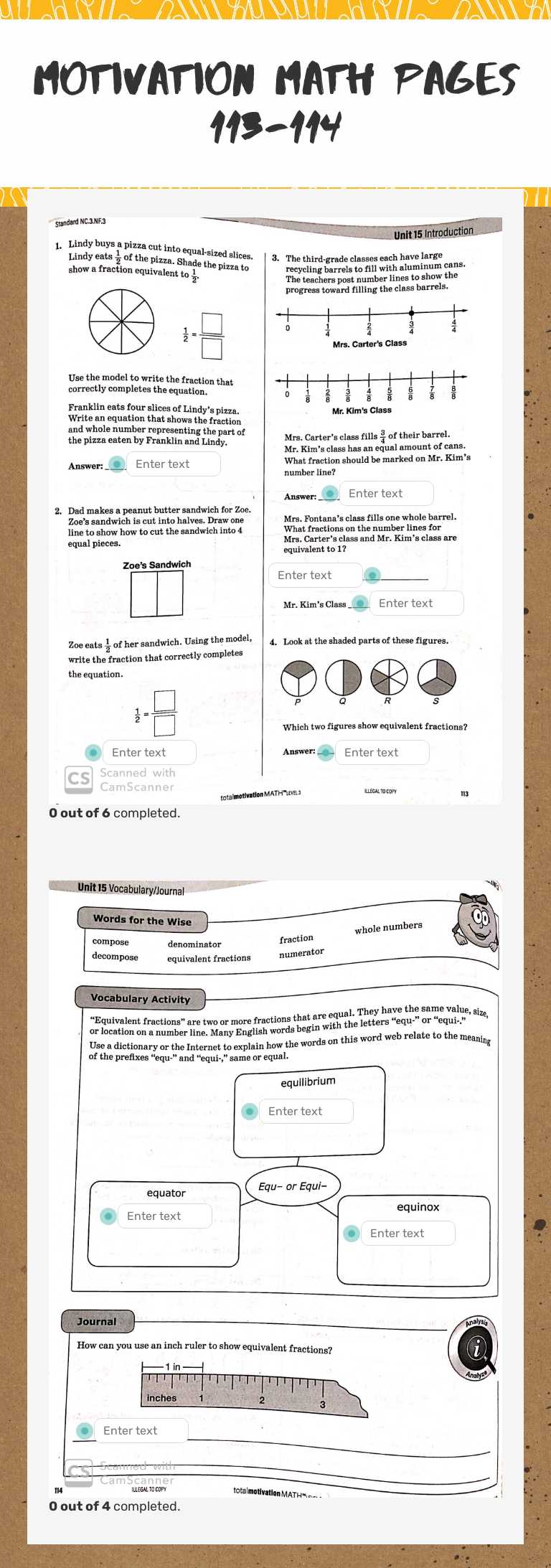 Motivation Math Pages 113-114 worksheet preview image