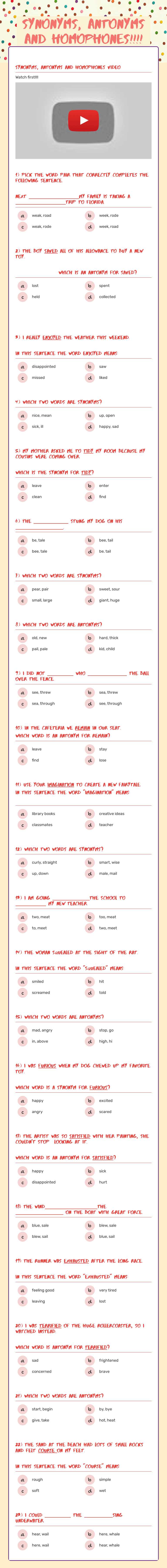 Synonyms, antonyms and homophones!!!! worksheet preview image