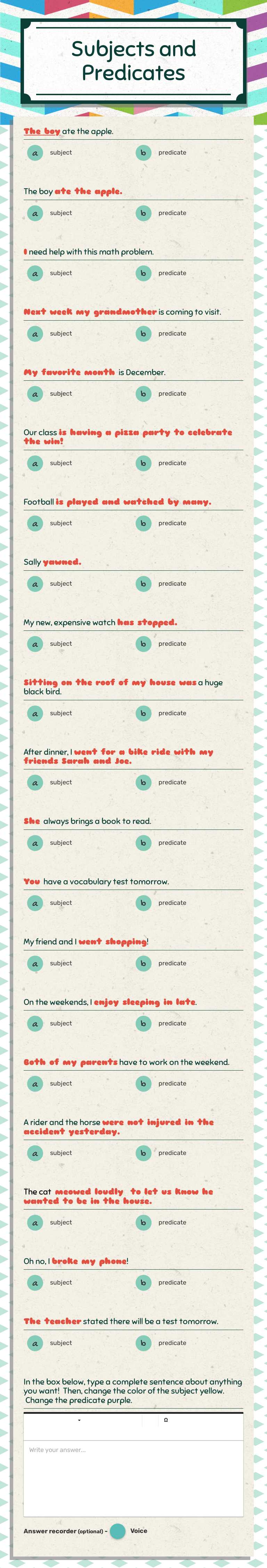 Subjects and Predicates worksheet preview image