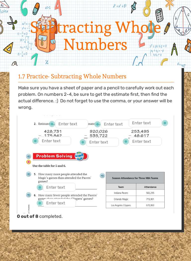 Subtracting Whole Numbers Grade 4 worksheet preview