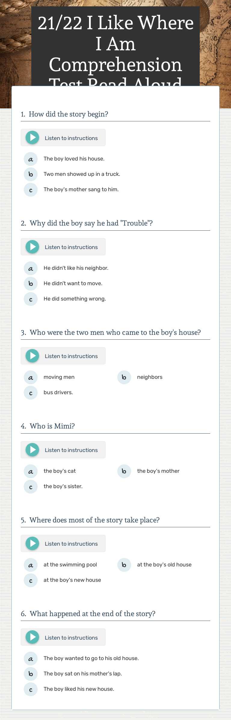 21/22 I Like Where I Am Comprehension Test Read Aloud worksheet preview image