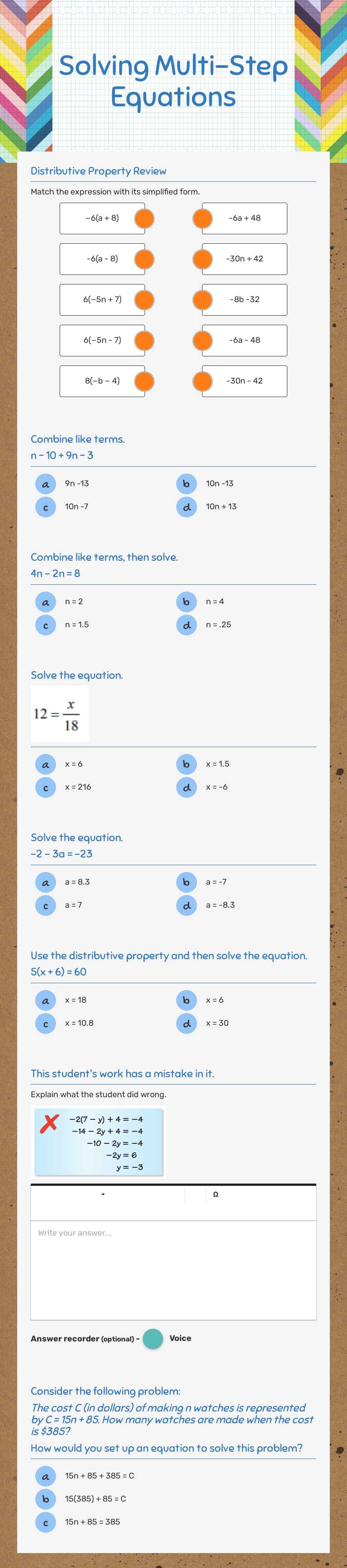 Solving Multi-Step Equations worksheet preview image
