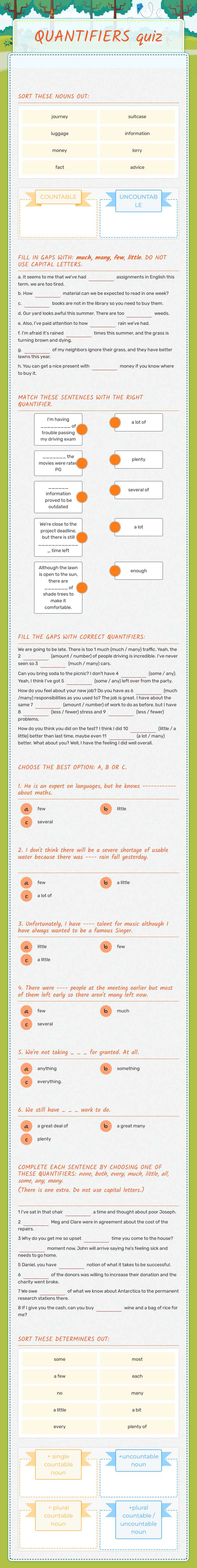 QUANTIFIERS quiz worksheet preview image