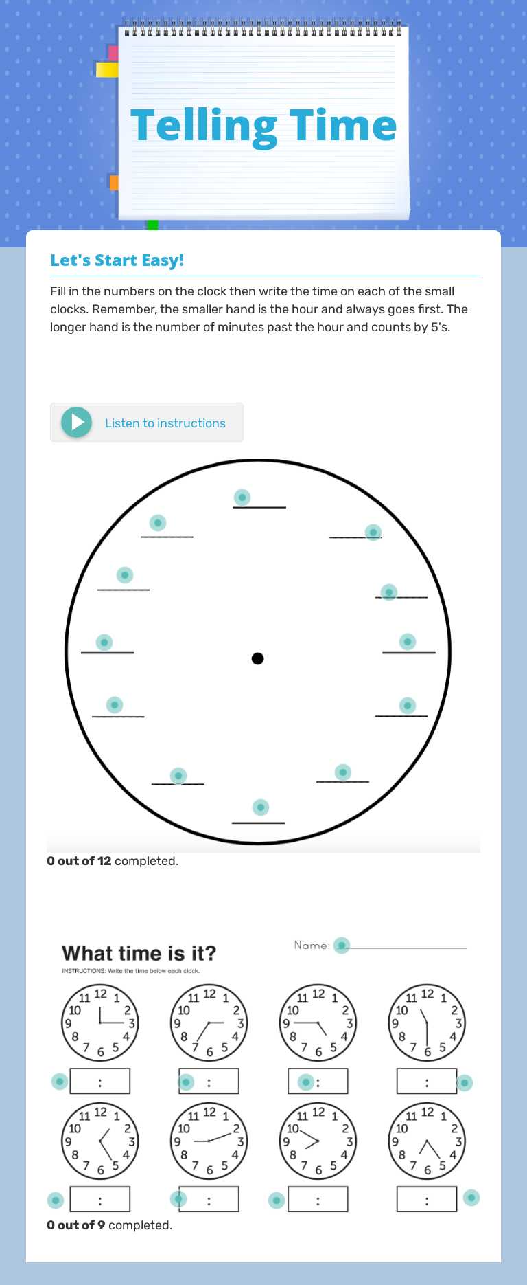 Telling Time worksheet preview image