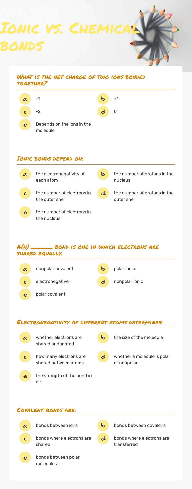 Ionic vs. Chemical bonds worksheet preview image