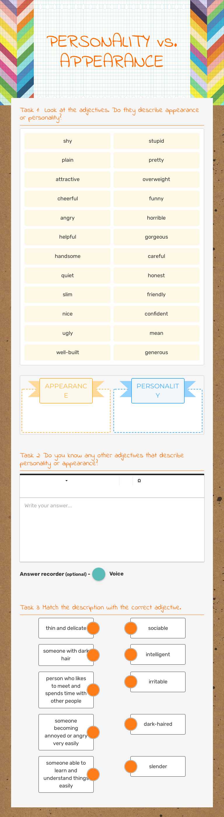 PERSONALITY vs. APPEARANCE worksheet preview image