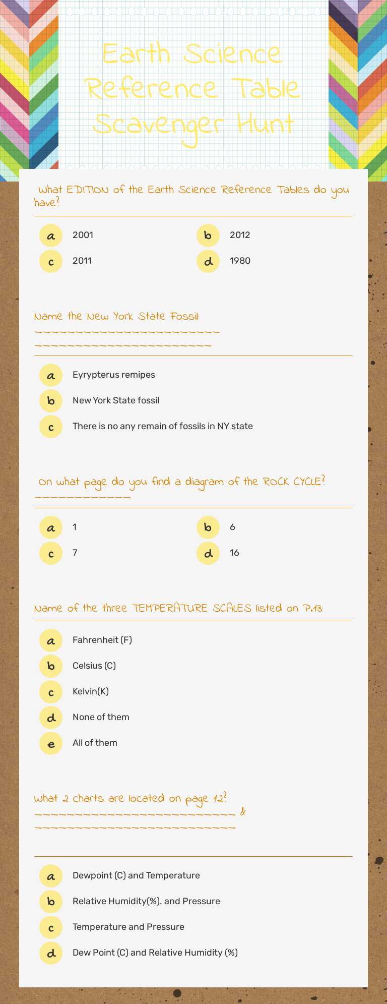 Earth Science Reference Table Scavenger Hunt worksheet preview image