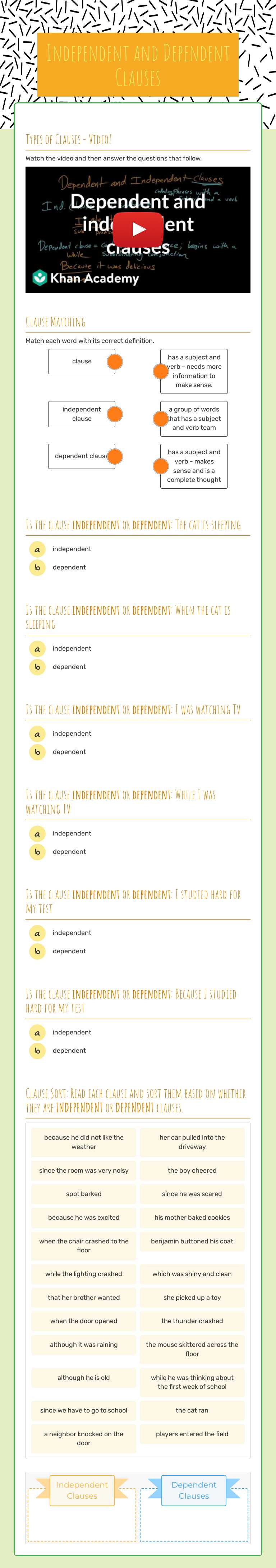 Independent and Dependent Clauses worksheet preview image