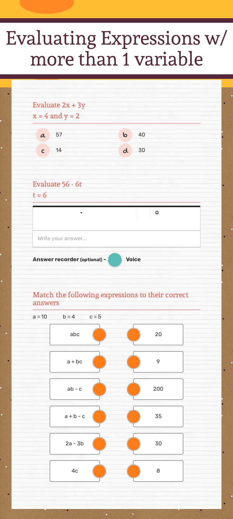 Evaluating Expressions 
w/ more than 1 variable worksheet preview image