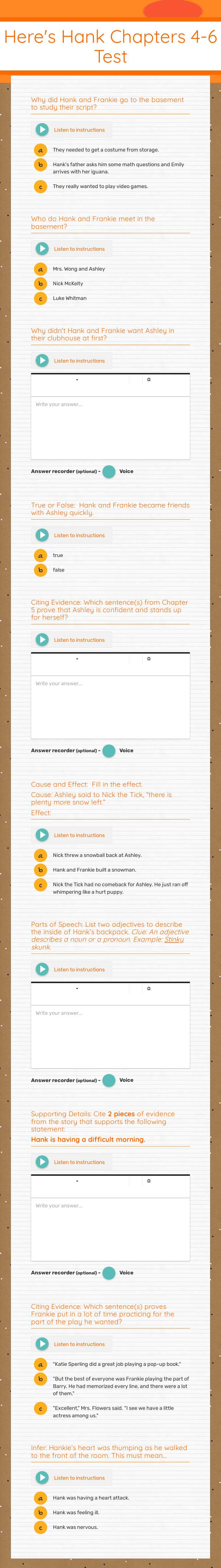 Here's Hank Chapters 4-6 Test worksheet preview image