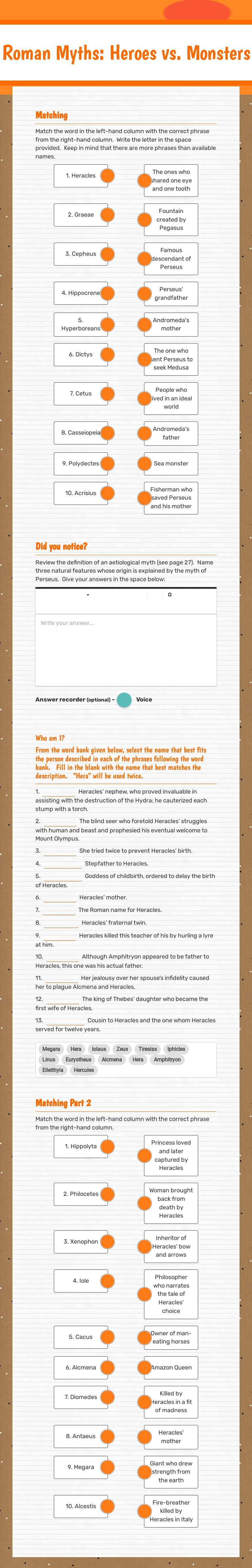 Roman Myths:  Heroes vs. Monsters worksheet preview image