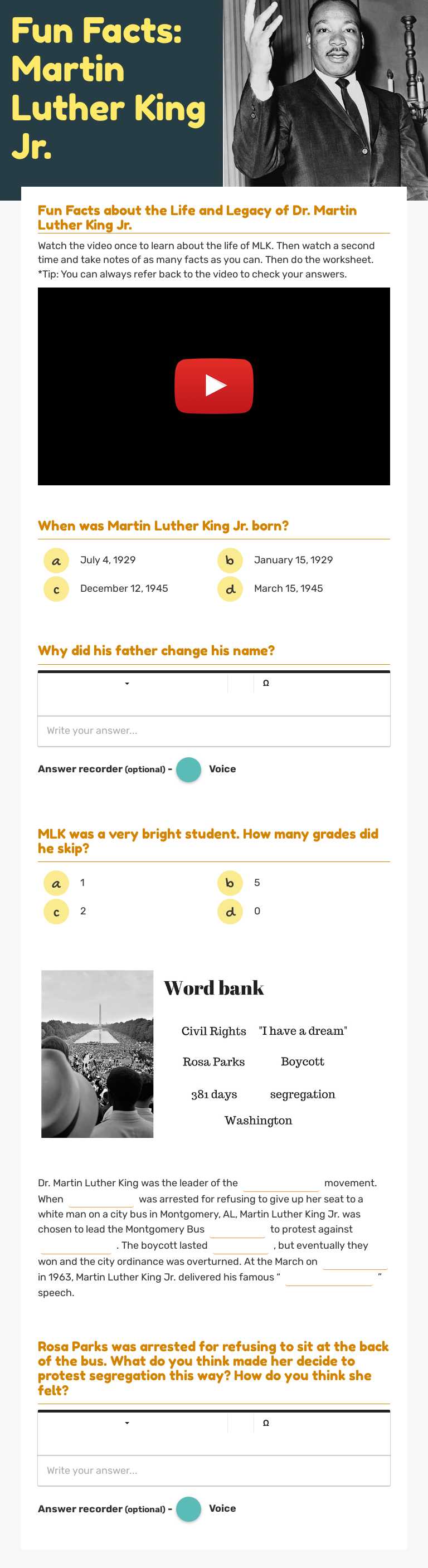 Fun Facts: Martin Luther King Jr. worksheet preview image