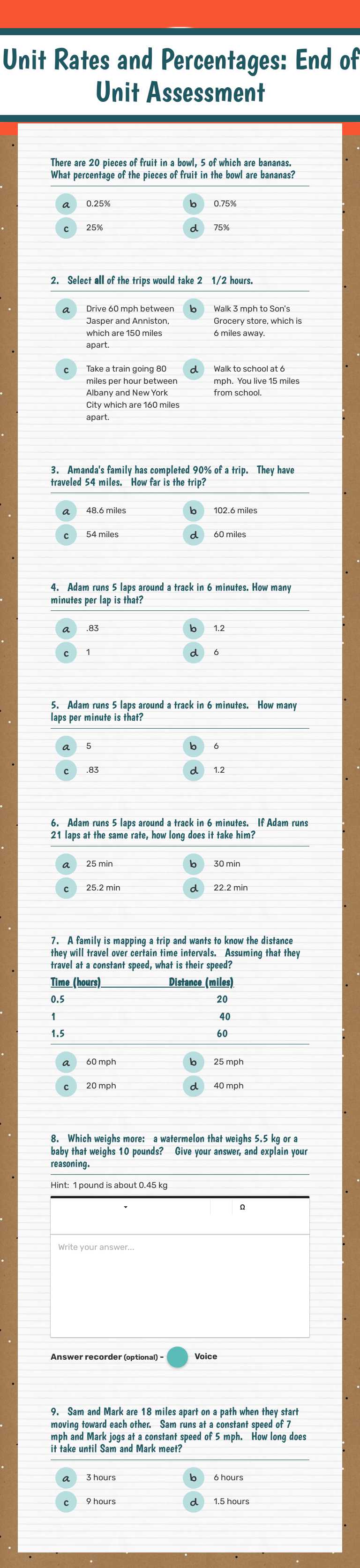 Unit Rates and Percentages:  End of Unit Assessment worksheet preview image