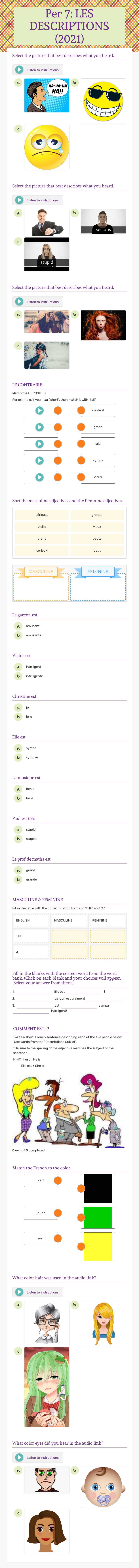 Per 7:  LES DESCRIPTIONS (2021) Grade 10 worksheet preview
