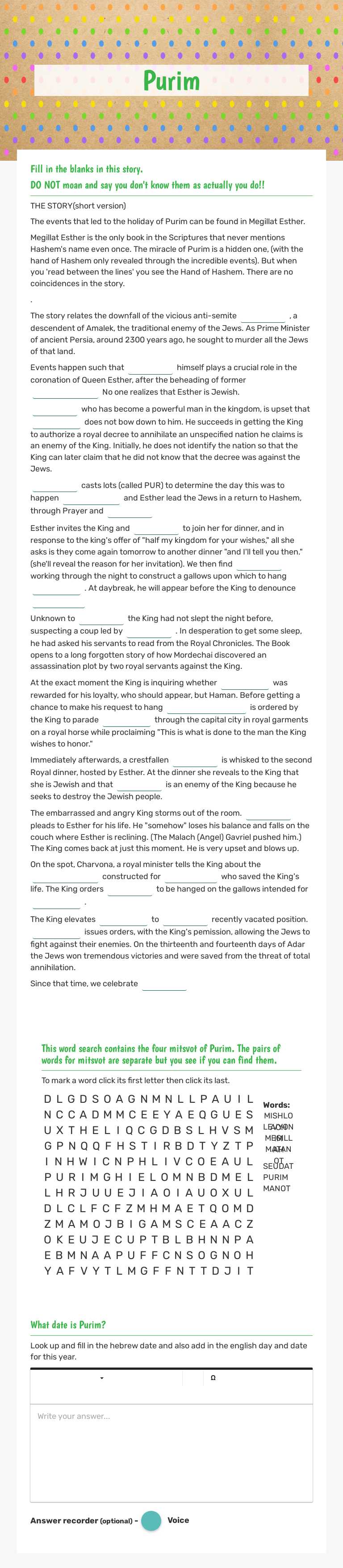 Purim worksheet preview image