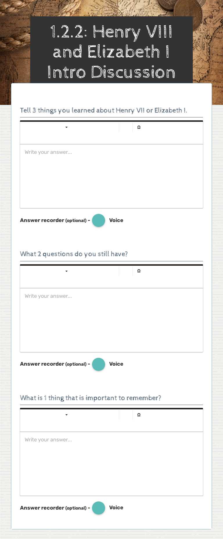 1.2.2: Henry VIII and Elizabeth I Intro Discussion Grade 6 worksheet preview