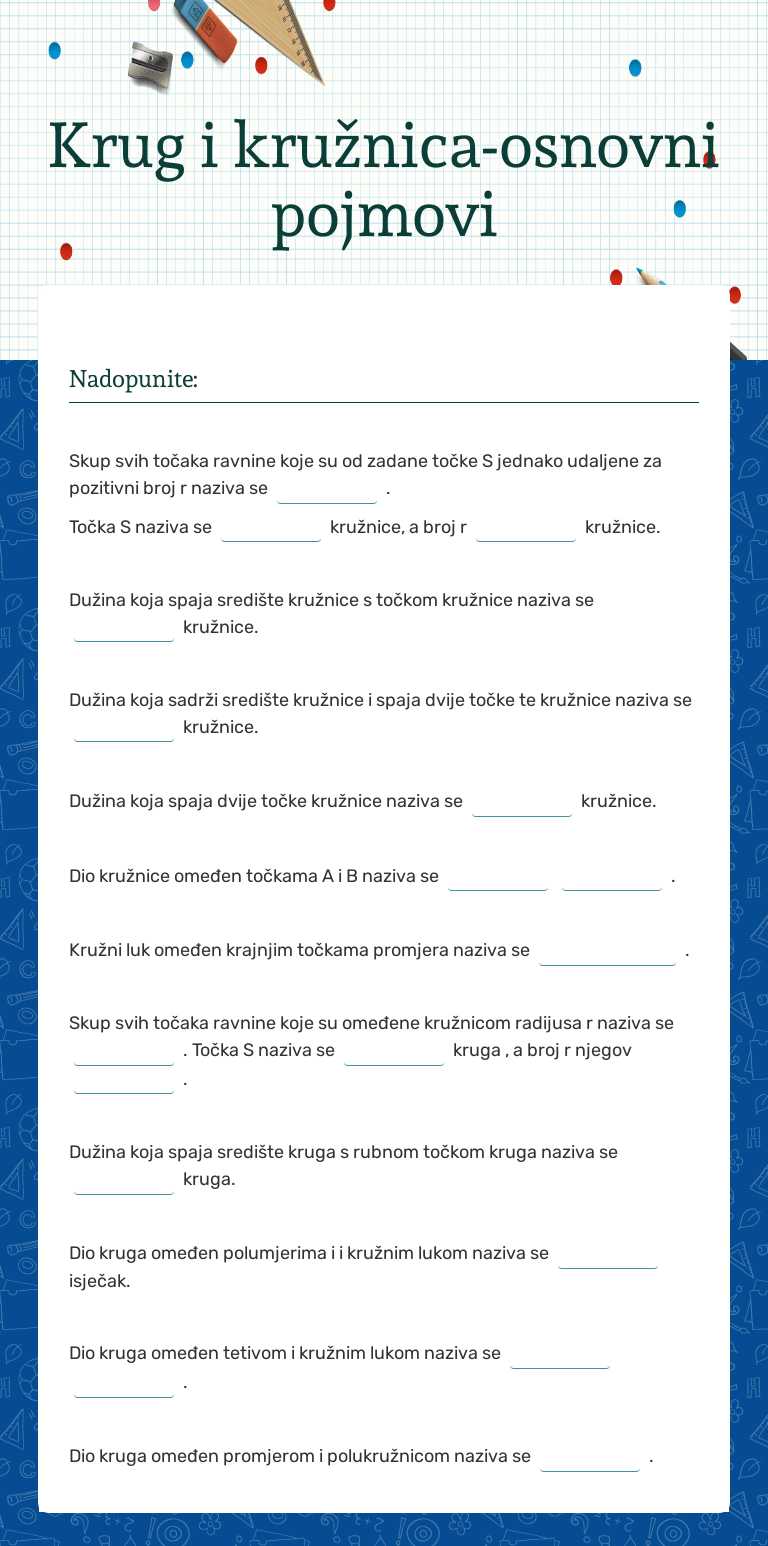 Krug i kružnica-osnovni pojmovi worksheet preview image