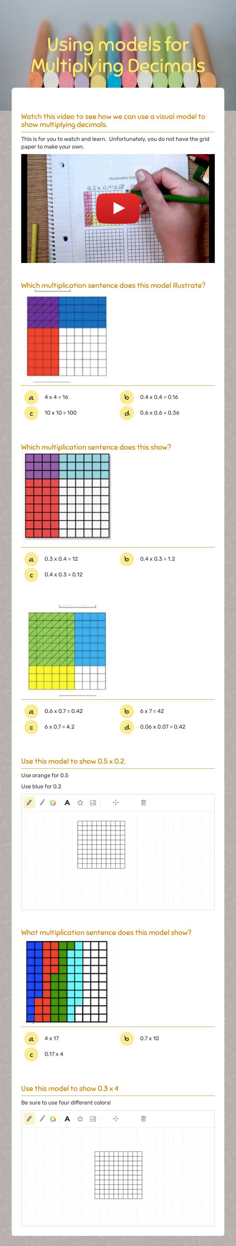 Using models for Multiplying Decimals Grade 5 worksheet preview