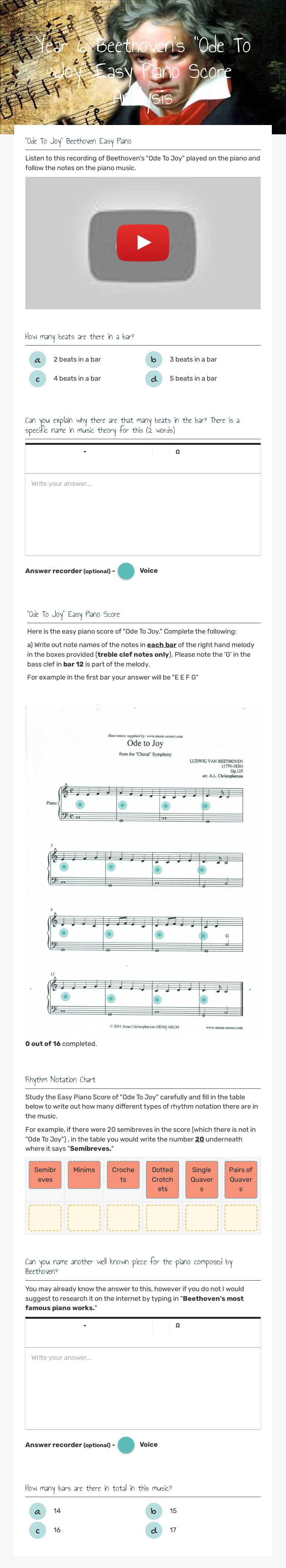 Year 6 Beethoven's "Ode To Joy" 
Easy Piano Score Analysis Grade 7 worksheet preview