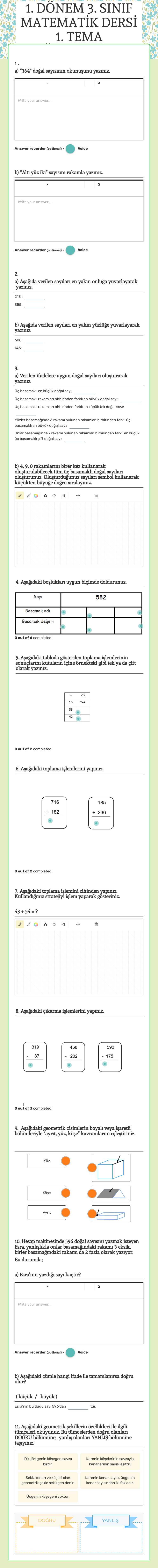 1. DÖNEM 3. SINIF MATEMATİK DERSİ 1. TEMA DEĞERLENDİRME worksheet preview image