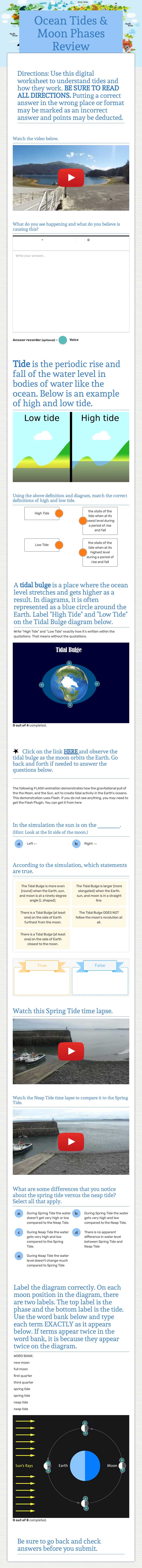 Ocean Tides & Moon Phases Review worksheet preview image