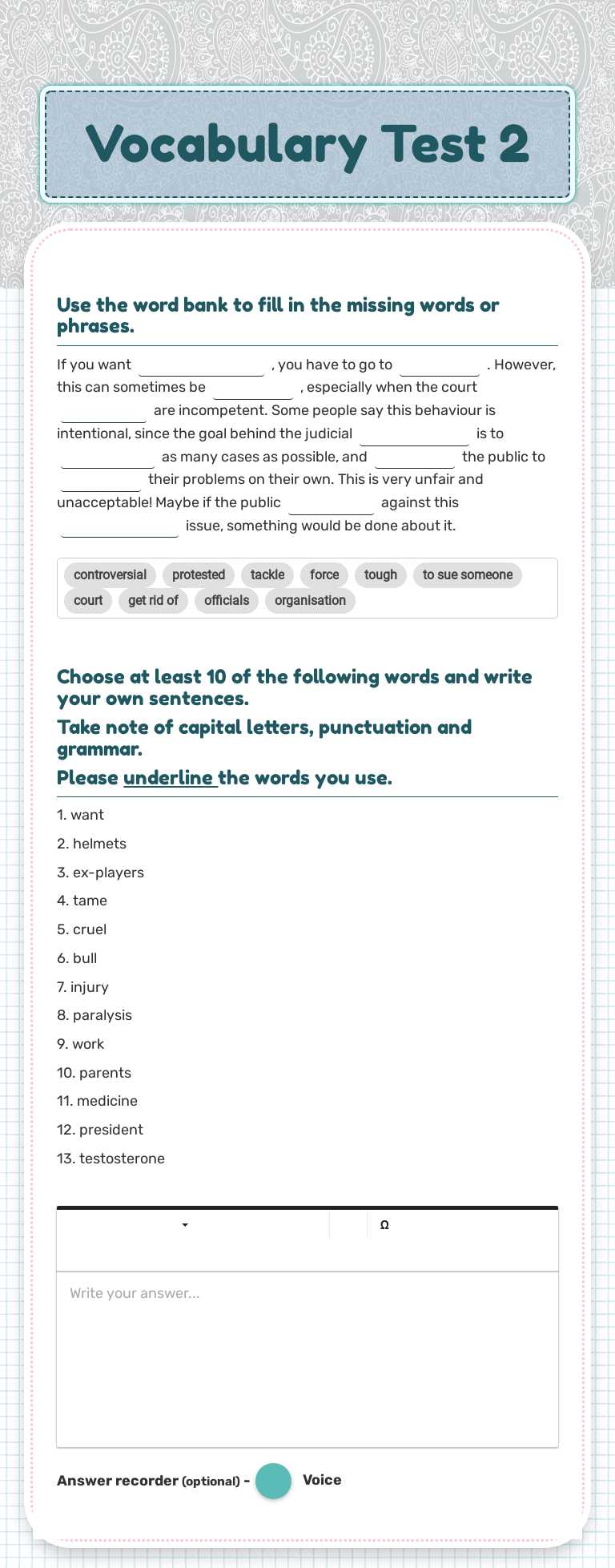 Vocabulary Test 2 worksheet preview image