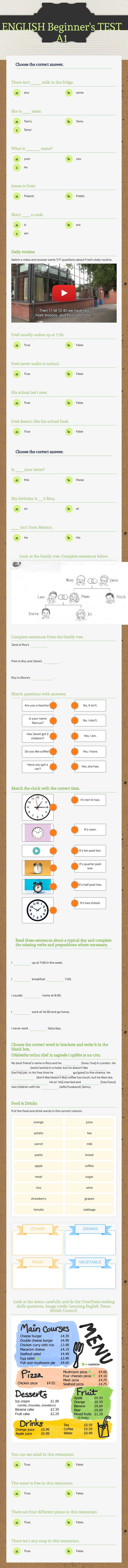 ENGLISH Beginner's TEST A1 worksheet preview image