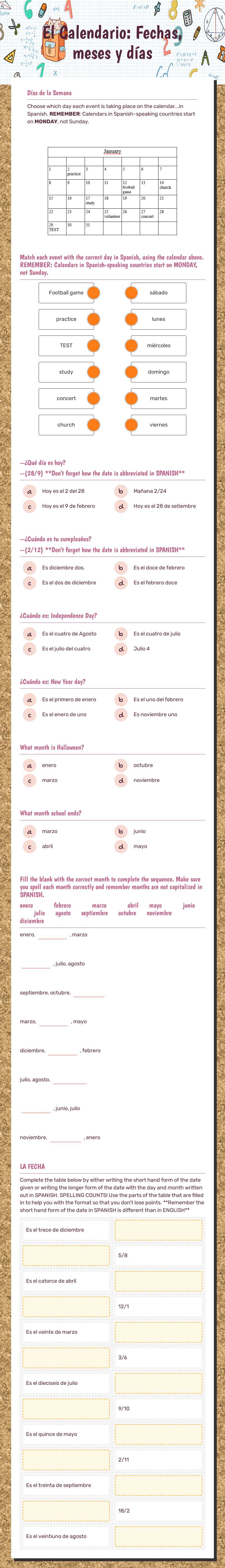 El Calendario: Fechas, meses y días worksheet preview image