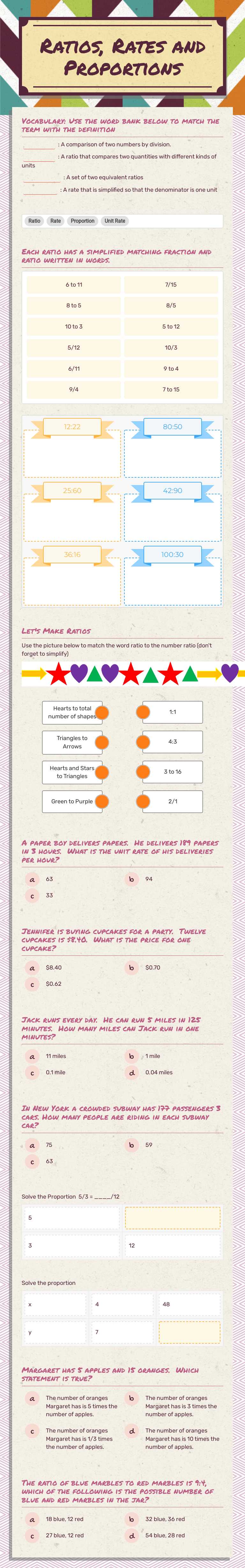 Ratios, Rates and Proportions Grade 6 worksheet preview