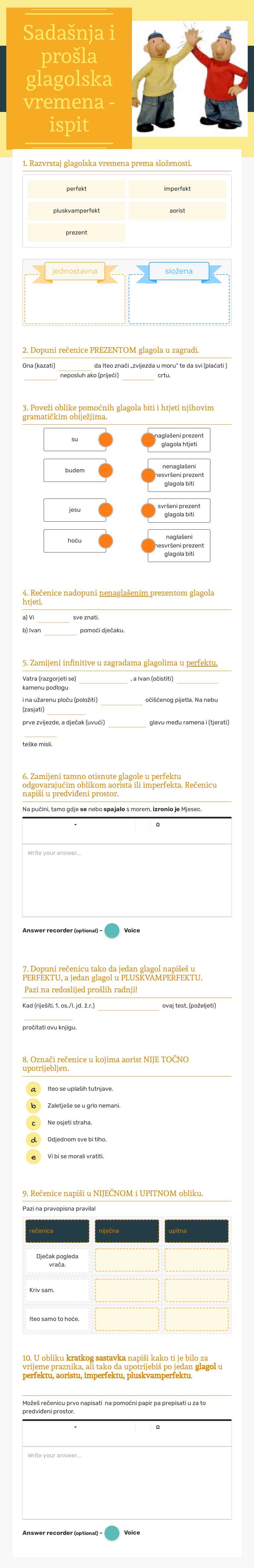 Sadašnja i prošla glagolska vremena - ispit Grade 6 worksheet preview