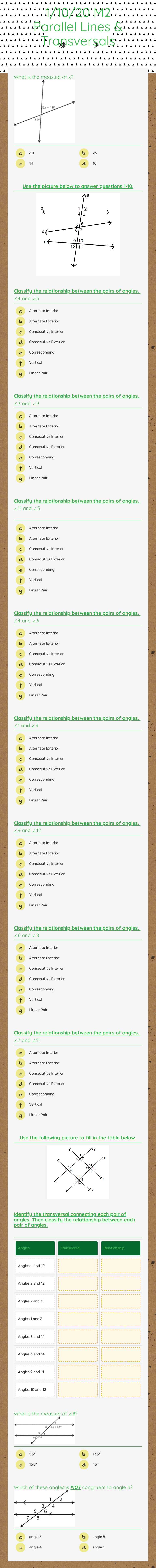 1/10/20 M2 Parallel Lines & Transversals worksheet preview image