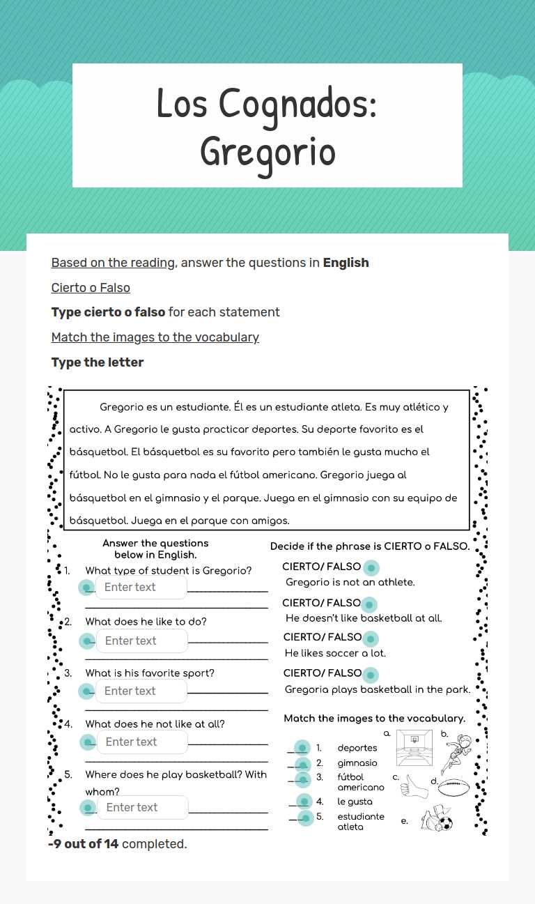Los Cognados: Gregorio worksheet preview image