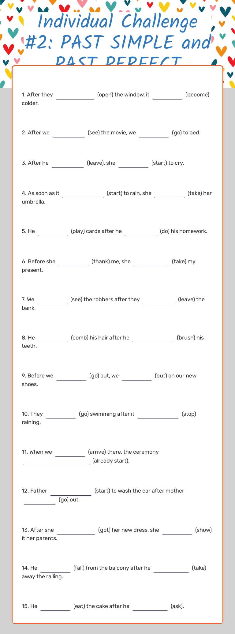 Individual Challenge #2: PAST SIMPLE and PAST PERFECT Grade 6 worksheet preview