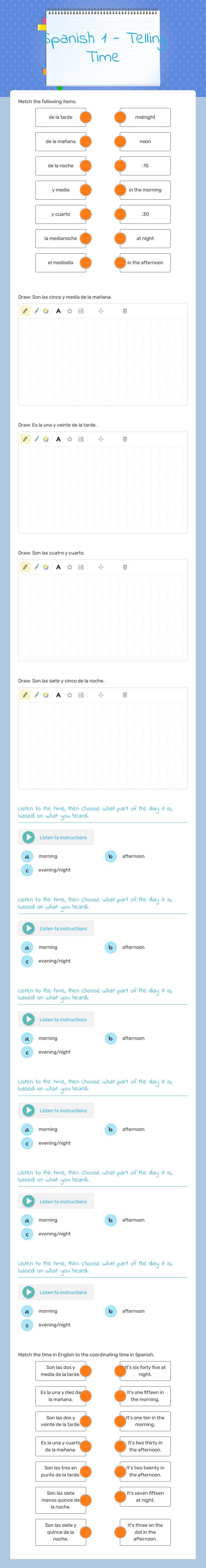 Spanish 1 - Telling Time worksheet preview image