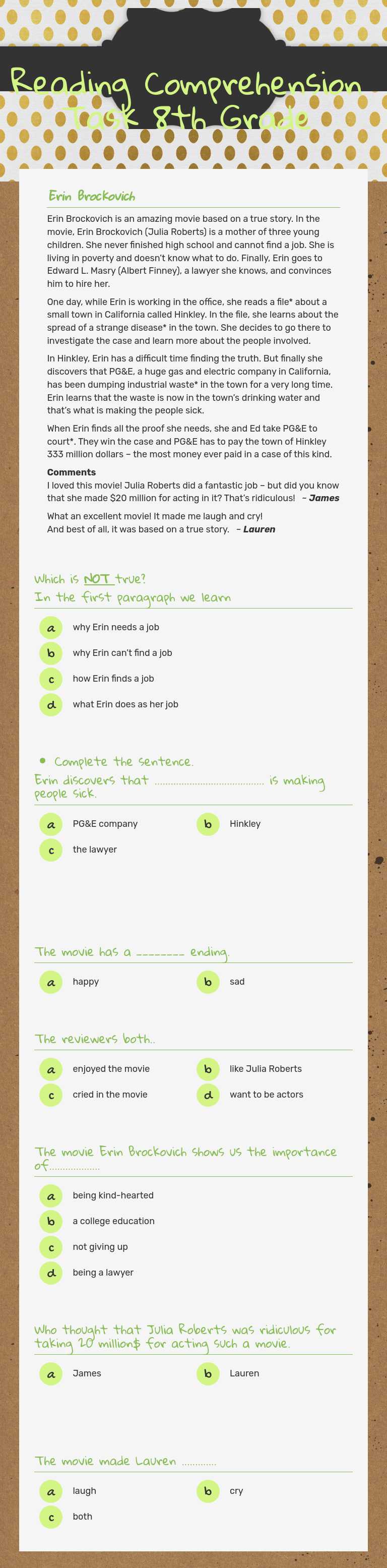 Reading Comprehension Task
8th Grade worksheet preview image