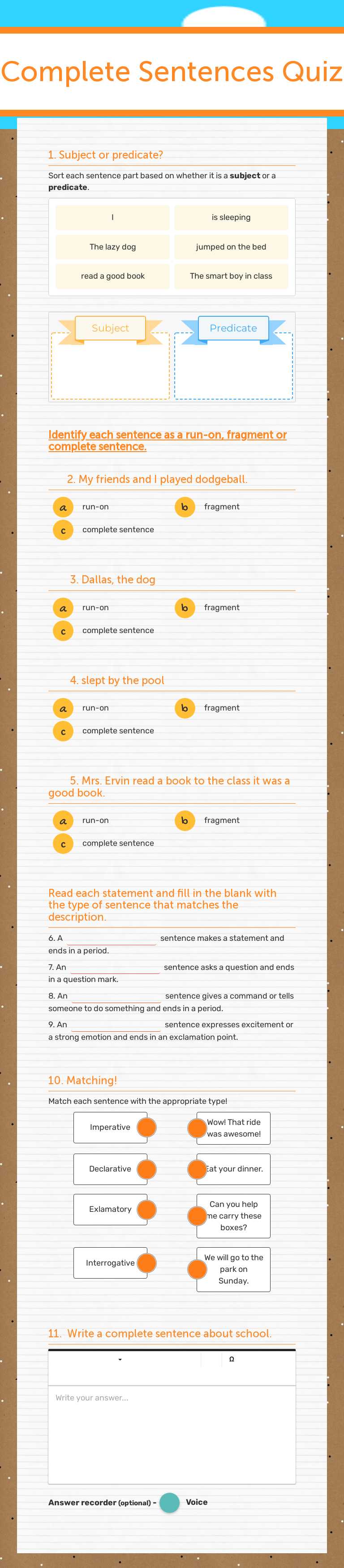Complete Sentences
Quiz worksheet preview image