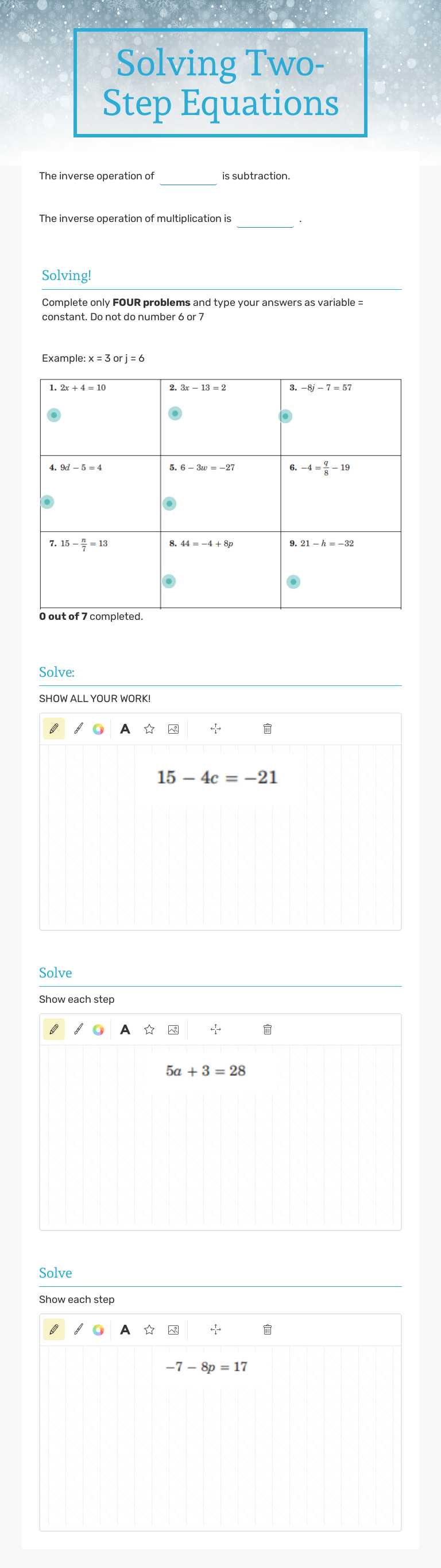 Solving Two-Step Equations Grade 6 worksheet preview