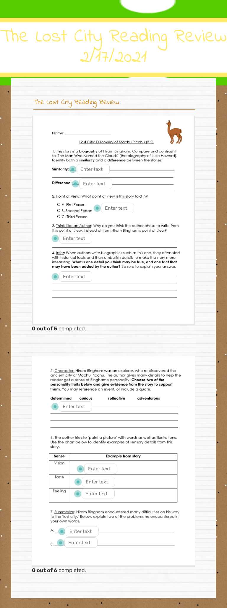 The Lost City Reading Review 2/17/2021 Grade 4 worksheet preview