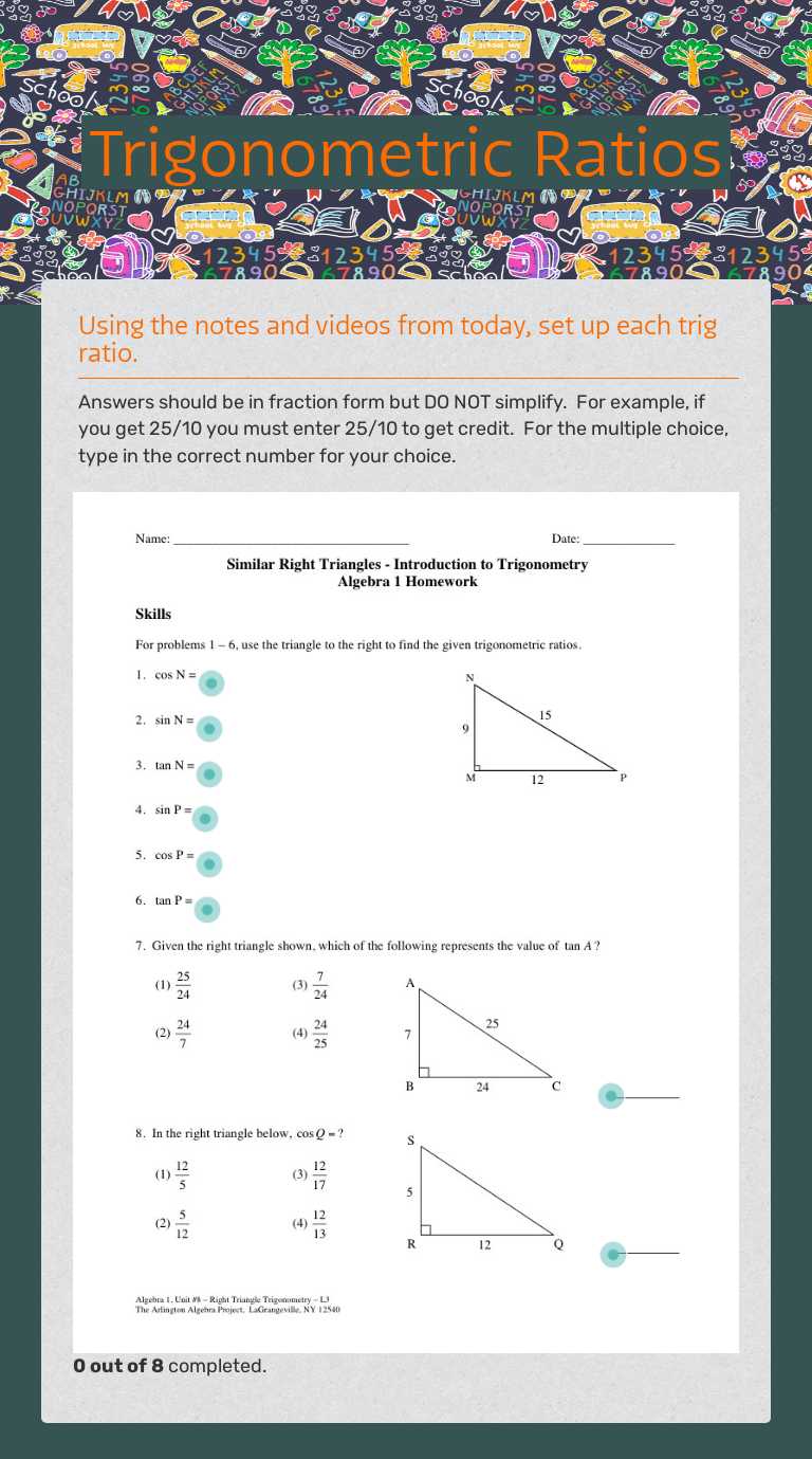 Trigonometric Ratios Grade 10 worksheet preview