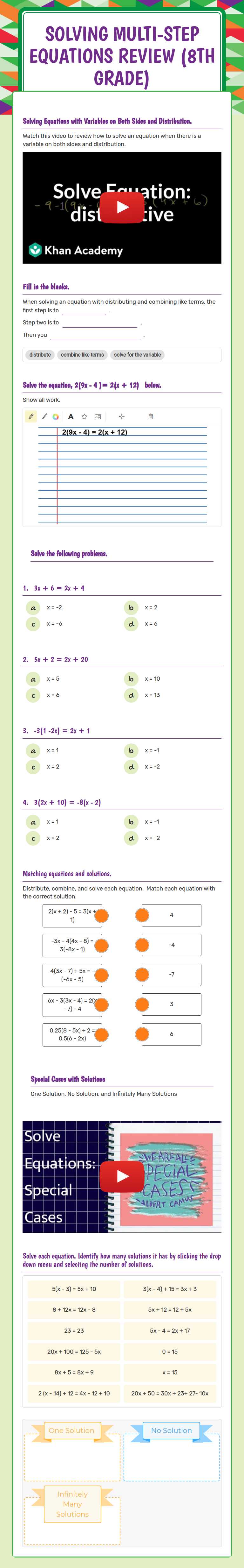 Solving Multi-Step Equations Review 
(8th Grade) Grade 9 worksheet preview