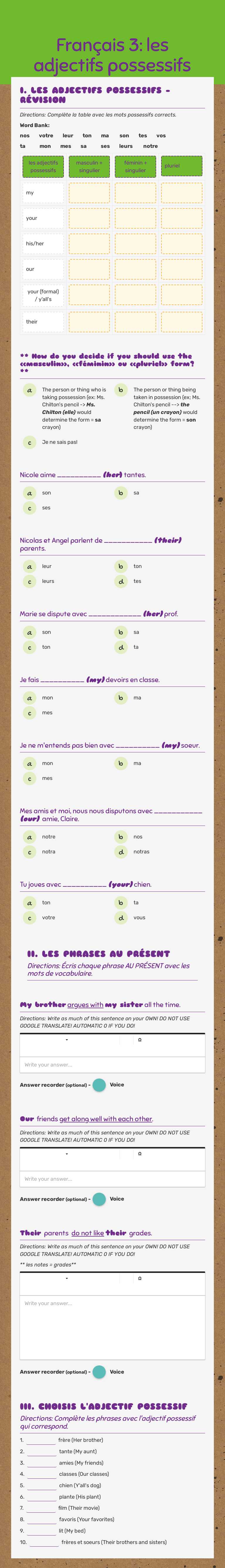 Français 3: les adjectifs possessifs worksheet preview image