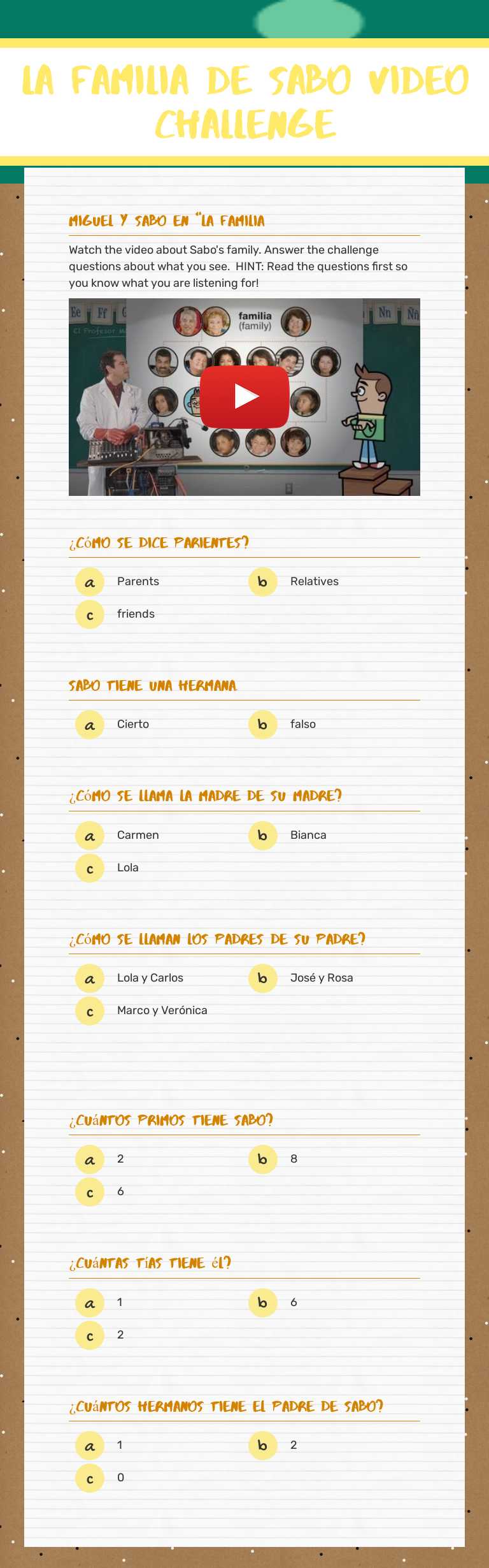 La familia de sabo
video challenge worksheet preview image