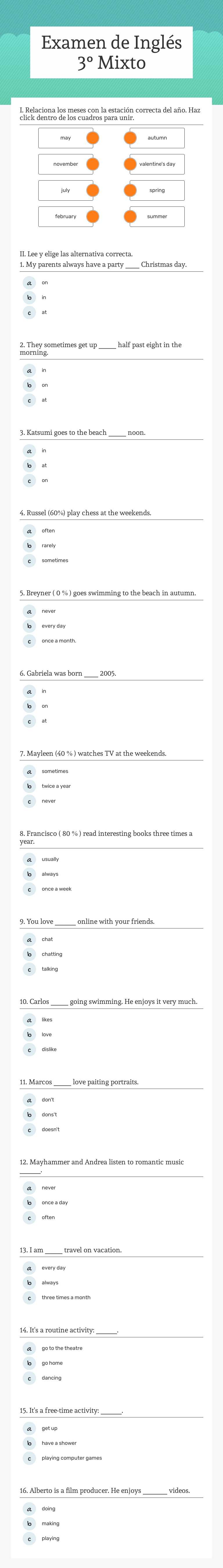 Examen de Inglés  3° Mixto worksheet preview image