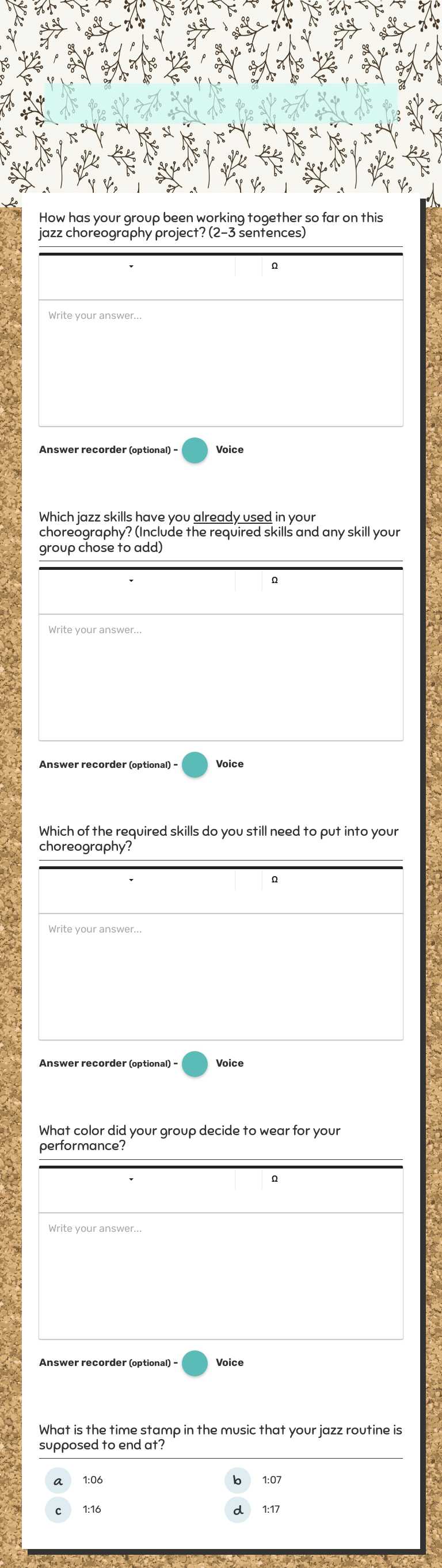 Jazz Choreography Check-In! worksheet preview image