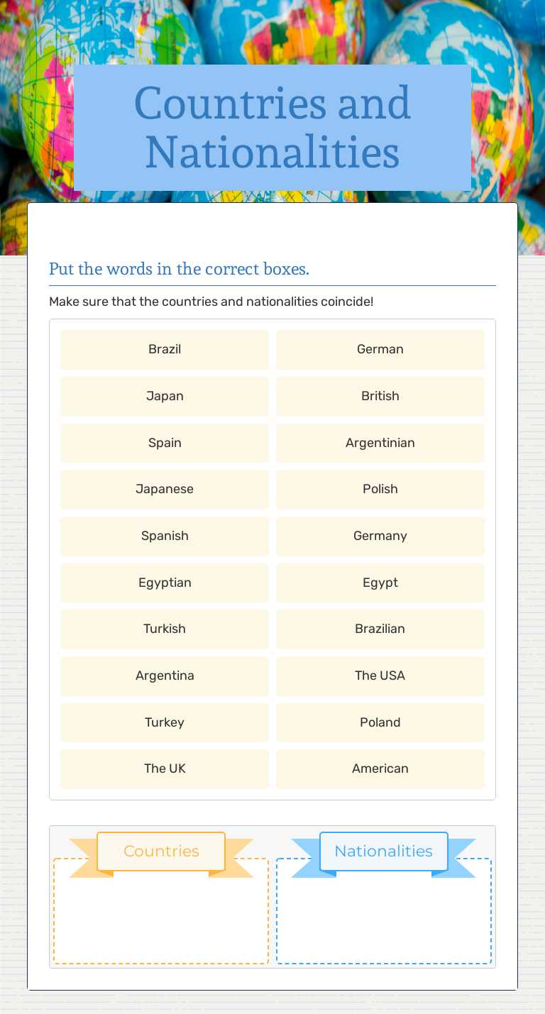 Countries and Nationalities worksheet preview image