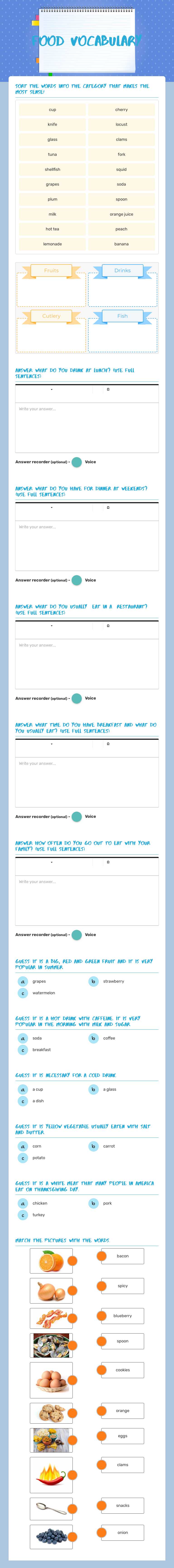 Food Vocabulary Grade 7 worksheet preview