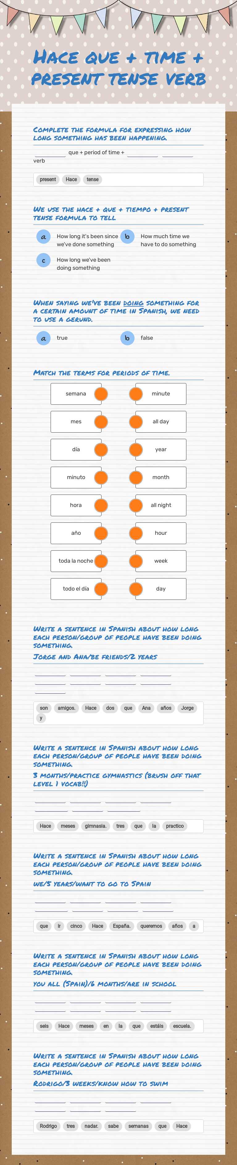 Hace que + time + present tense verb worksheet preview image