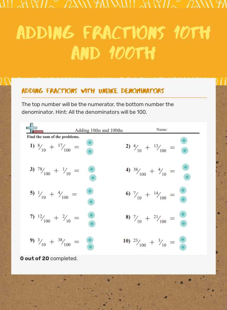 Adding Fractions 10th and 100th Grade 4 worksheet preview